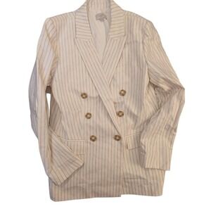 LOFT Petites‎ Linen Blend Cream Striped Double Breasted Blazer Jacket Size 10P